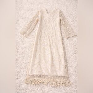 Eddy Boho Cream Lace Fringe Midi Dress XS Cottagecore Bridal
